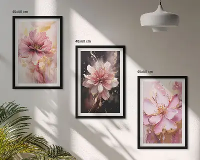 Wanddecoratieset schilderijen bloemcomposities in roze en wit