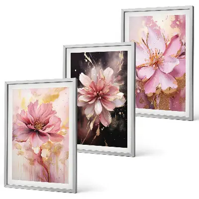 Wanddecoratieset schilderijen bloemcomposities in roze en wit