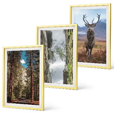 Wanddecoratieset schilderijen met een landschap van bergen en een hert in de natuur