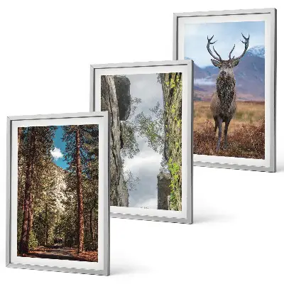 Wanddecoratieset schilderijen met een landschap van bergen en een hert in de natuur
