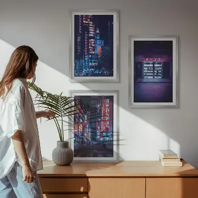 Wanddecoratieset schilderijen neon stad bij nacht
