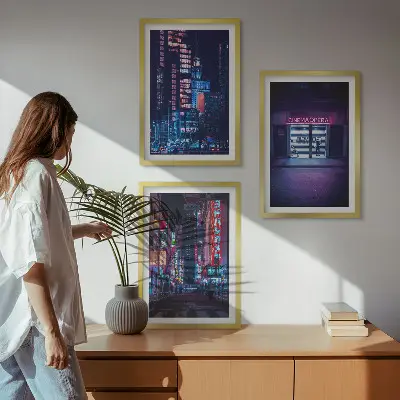 Wanddecoratieset schilderijen neon stad bij nacht