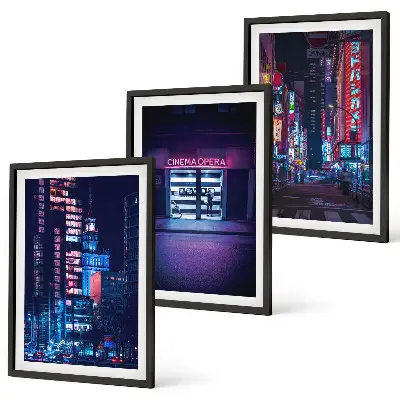 Wanddecoratieset schilderijen neon stad bij nacht