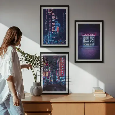 Wanddecoratieset schilderijen neon stad bij nacht