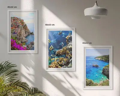 Set wanddecoratie met schilderijen kustlandschap met kleurrijke huizen