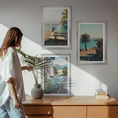Wanddecoratie set schilderijen met vakantiepalmen en waterval