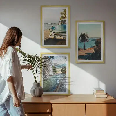Wanddecoratie set schilderijen met vakantiepalmen en waterval