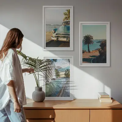 Wanddecoratie set schilderijen met vakantiepalmen en waterval