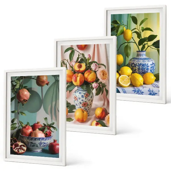 Wanddecoratieset met schilderijen met afbeeldingen van granaatappels, perziken en citroenen