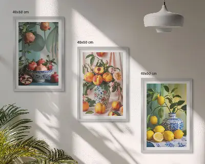 Wanddecoratieset met schilderijen met afbeeldingen van granaatappels, perziken en citroenen