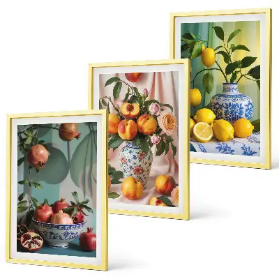Wanddecoratieset met schilderijen met afbeeldingen van granaatappels, perziken en citroenen