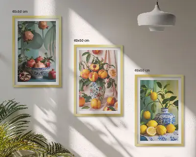 Wanddecoratieset met schilderijen met afbeeldingen van granaatappels, perziken en citroenen