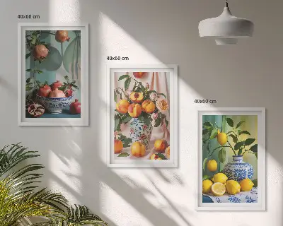 Wanddecoratieset met schilderijen met afbeeldingen van granaatappels, perziken en citroenen