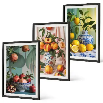 Wanddecoratieset met schilderijen met afbeeldingen van granaatappels, perziken en citroenen
