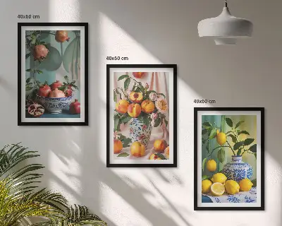 Wanddecoratieset met schilderijen met afbeeldingen van granaatappels, perziken en citroenen