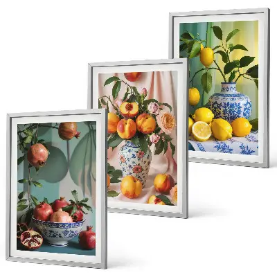 Wanddecoratieset met schilderijen met afbeeldingen van granaatappels, perziken en citroenen