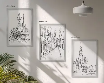 Fotowand met eenvoudige tekeningen van stadsgezichten