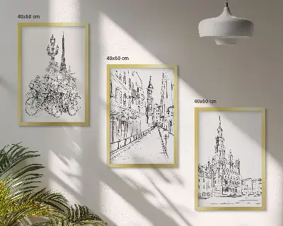 Fotowand met eenvoudige tekeningen van stadsgezichten