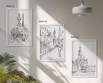 Fotowand met eenvoudige tekeningen van stadsgezichten