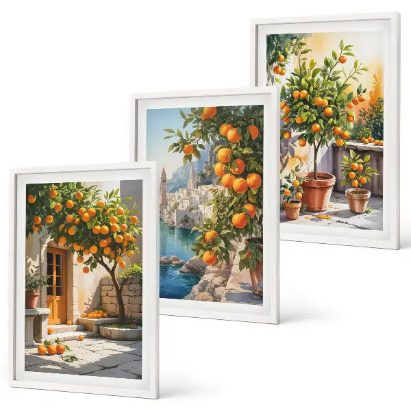Wanddecoratie set schilderijen schilderij met geschilderde citrusvruchten en landschappen