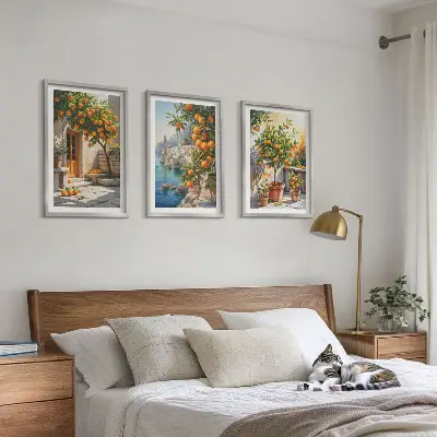 Wanddecoratie set schilderijen schilderij met geschilderde citrusvruchten en landschappen