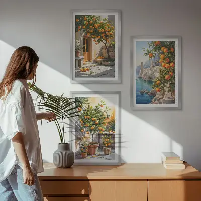 Wanddecoratie set schilderijen schilderij met geschilderde citrusvruchten en landschappen