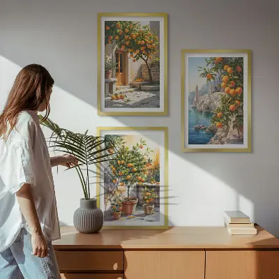 Wanddecoratie set schilderijen schilderij met geschilderde citrusvruchten en landschappen