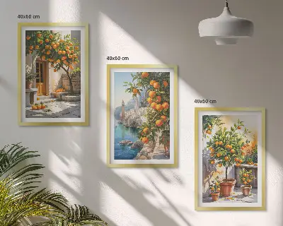 Wanddecoratie set schilderijen schilderij met geschilderde citrusvruchten en landschappen