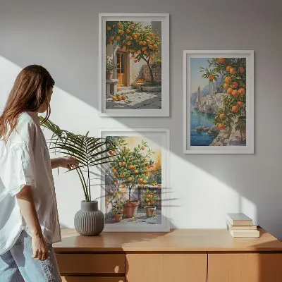 Wanddecoratie set schilderijen schilderij met geschilderde citrusvruchten en landschappen