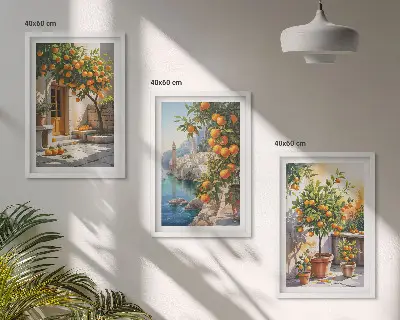 Wanddecoratie set schilderijen schilderij met geschilderde citrusvruchten en landschappen