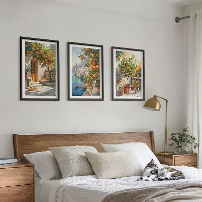Wanddecoratie set schilderijen schilderij met geschilderde citrusvruchten en landschappen