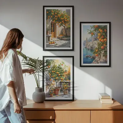 Wanddecoratie set schilderijen schilderij met geschilderde citrusvruchten en landschappen