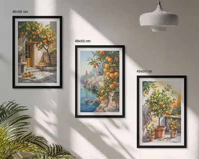 Wanddecoratie set schilderijen schilderij met geschilderde citrusvruchten en landschappen