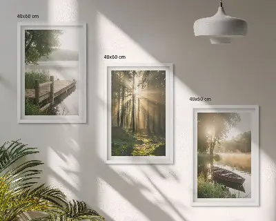 Fotowand met een ochtendmist boven het meer bij het bos met een bootje