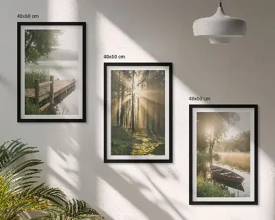 Fotowand met een ochtendmist boven het meer bij het bos met een bootje
