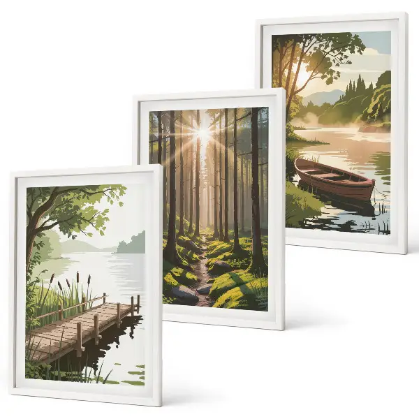 Wanddecoratieset schilderijen met landschap van bos met meer en roeiboot