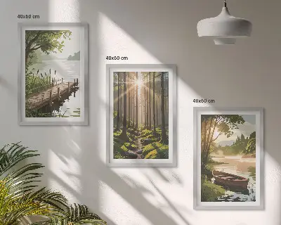 Wanddecoratieset schilderijen met landschap van bos met meer en roeiboot