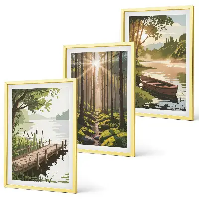 Wanddecoratieset schilderijen met landschap van bos met meer en roeiboot
