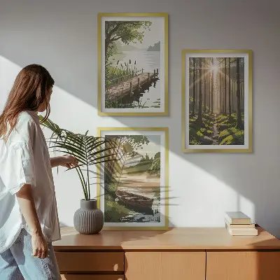 Wanddecoratieset schilderijen met landschap van bos met meer en roeiboot