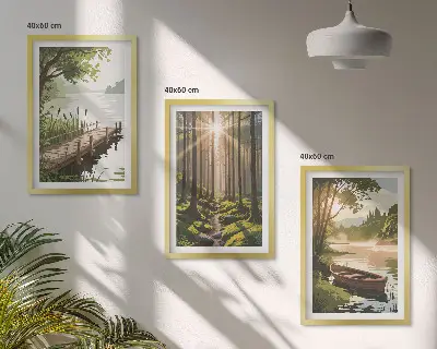 Wanddecoratieset schilderijen met landschap van bos met meer en roeiboot
