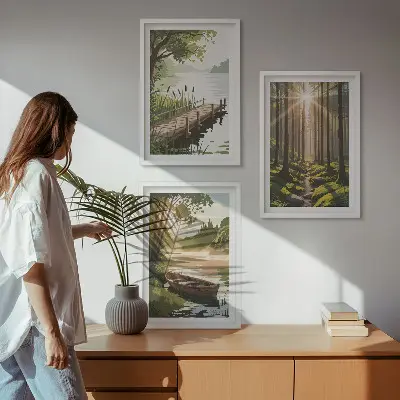 Wanddecoratieset schilderijen met landschap van bos met meer en roeiboot