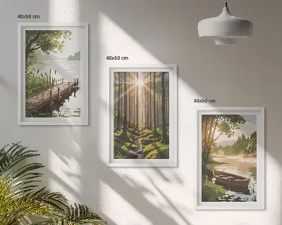 Wanddecoratieset schilderijen met landschap van bos met meer en roeiboot