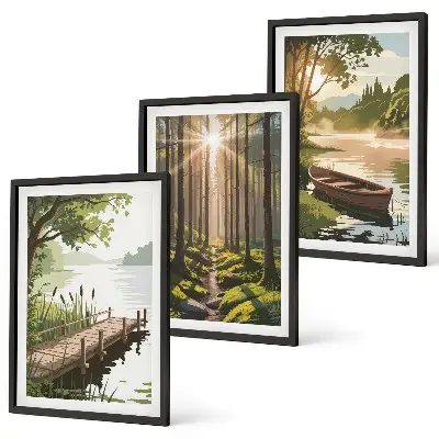 Wanddecoratieset schilderijen met landschap van bos met meer en roeiboot