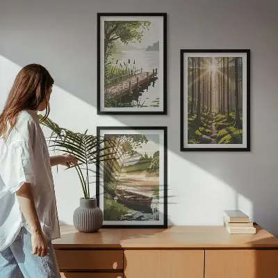 Wanddecoratieset schilderijen met landschap van bos met meer en roeiboot