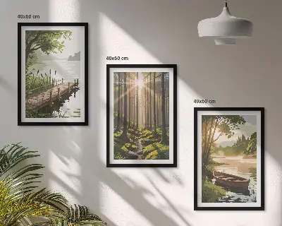 Wanddecoratieset schilderijen met landschap van bos met meer en roeiboot