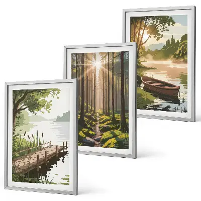 Wanddecoratieset schilderijen met landschap van bos met meer en roeiboot