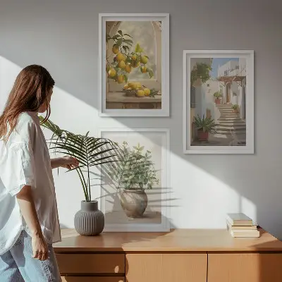 Wanddecoratieset schilderijen citroenen in een vaas met planten