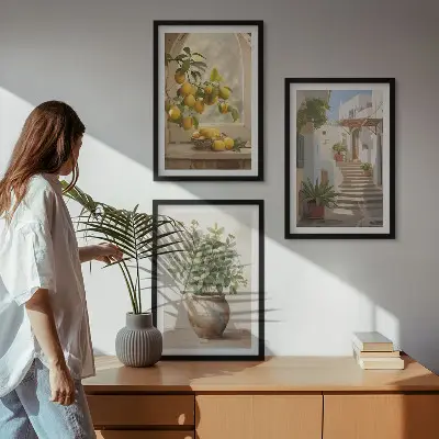 Wanddecoratieset schilderijen citroenen in een vaas met planten