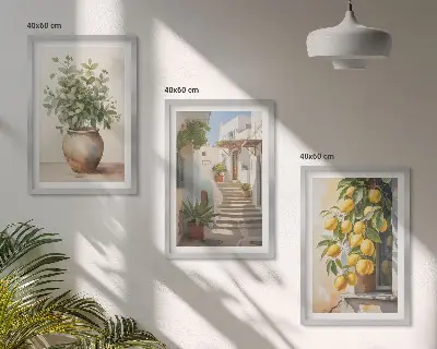 Fotowand met afbeelding van planten, potten, citroenen en een steegje