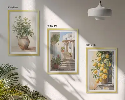 Fotowand met afbeelding van planten, potten, citroenen en een steegje